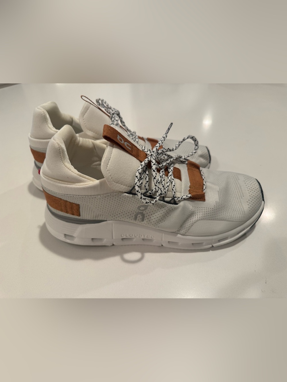 On Running mens Cloudnova 2 White Sneakers with Tan Accents